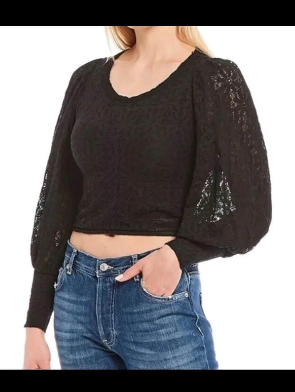 Free People Tea Time Top‎ Black Lace Puff Sleeve Open Back Cropped Blouse Size M